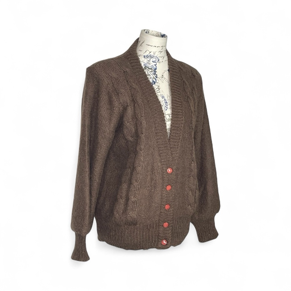 Wool blend Vintage Brown Cable Knit Cardigan Sweater M - Picture 2 of 7